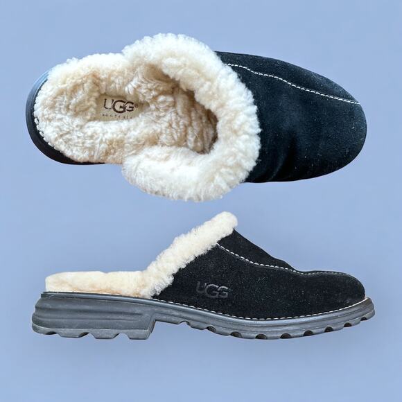 Ugg Australia Suede Sheepskin Lined Mule Clog Shoes 5397 Size 7, Black/Natural - Picture 1 of 9